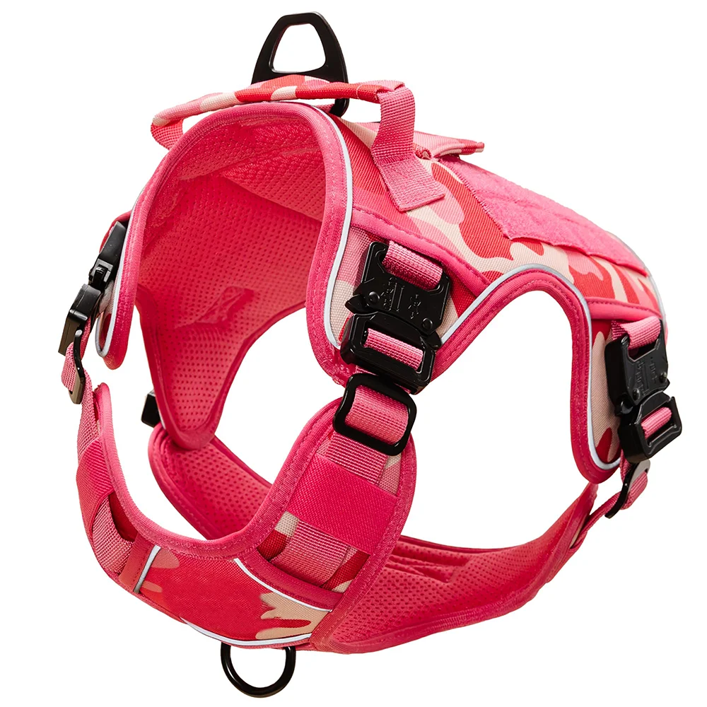 Arnés militar reflectante rosa para perros, chaleco táctico con 4 hebillas de Metal para perros grandes, correa ajustable para el pecho para entrenamiento y paseos - imagen 4
