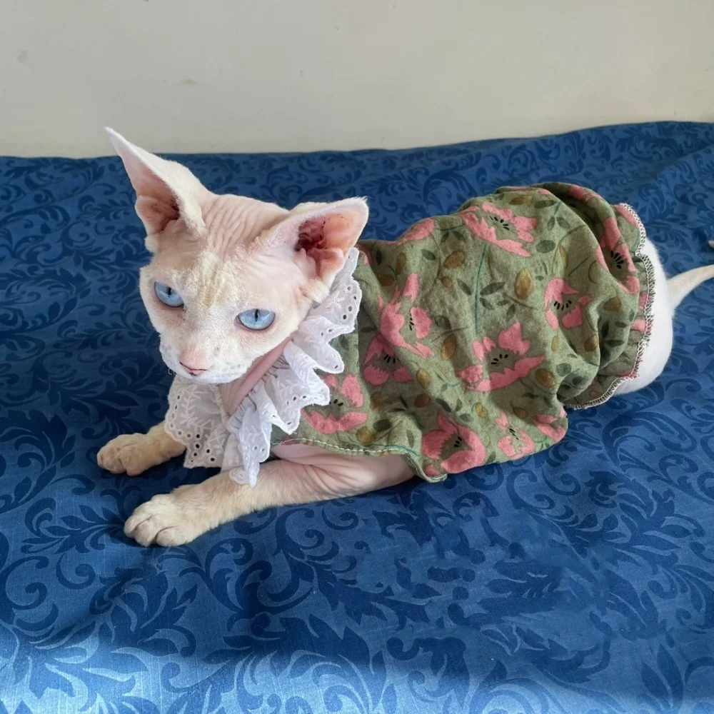 Falda de algodón Floral con cuello de encaje verde dulce de verano para vestido sin mangas de gato Sphynx para Devon Rex camisa transpirable para gatitos - imagen 5