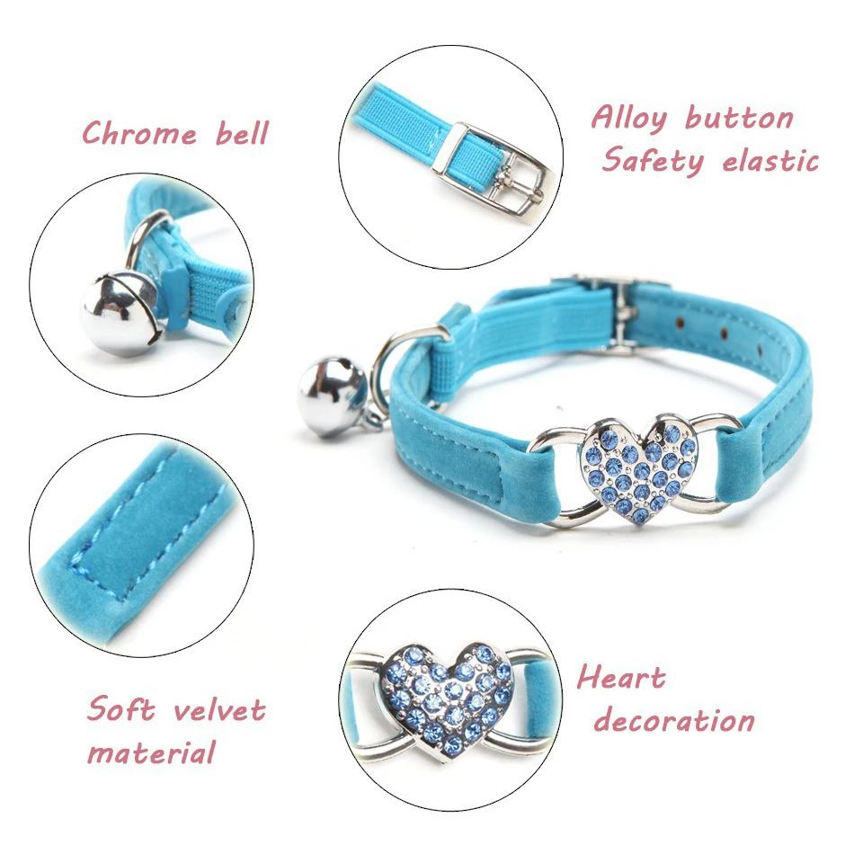 Collar de gato con dije de corazón, nombre de identificación personalizado con campana, seguridad, elástico, ajustable, terciopelo suave, cachorro, perro pequeño, Collar para mascota, gatito - imagen 4