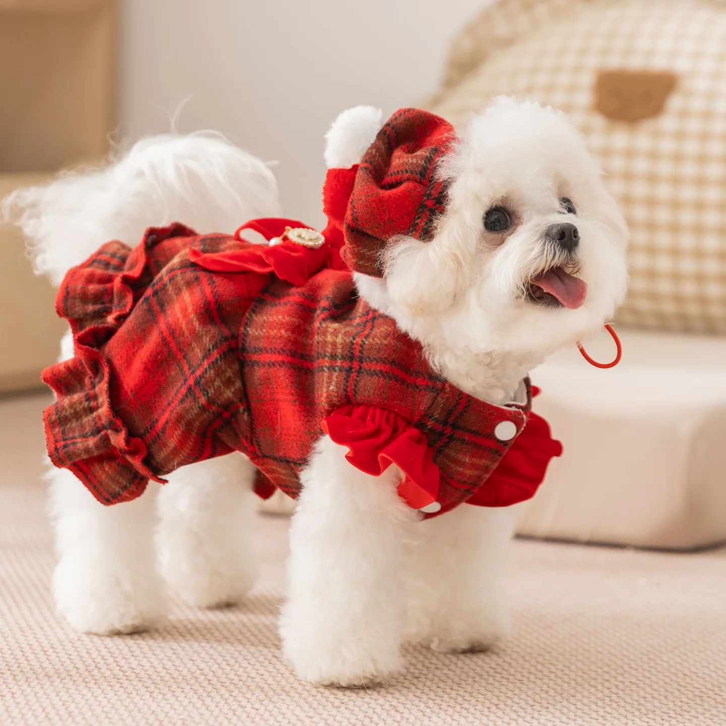 Ropa navideña de invierno para perros, vestido con arnés con capucha y lazo rojo para perros pequeños, Año Nuevo festivo para Bichon - imagen 5