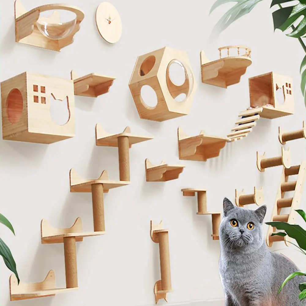 Hamaca montada en la pared para escalar gatos, poste rascador, estante de escalada para muebles de madera para gatos, escalones de escalera, gatos durmiendo y jugar - imagen 5