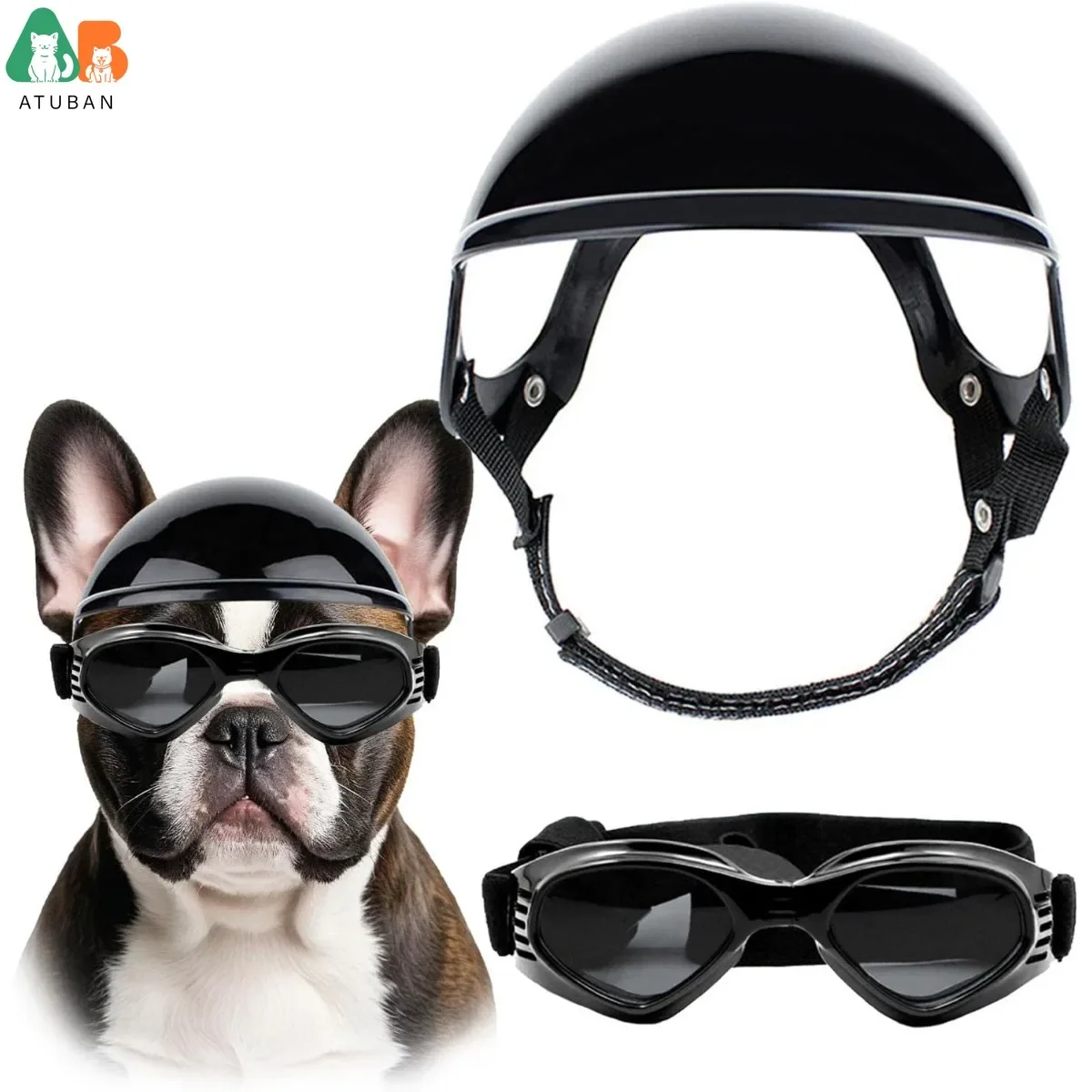 ATUBAN Cool Pet Casco de motocicleta: gafas ligeras y diseño de orificios para las orejas, protección elegante para perros pequeños, montar y conducir