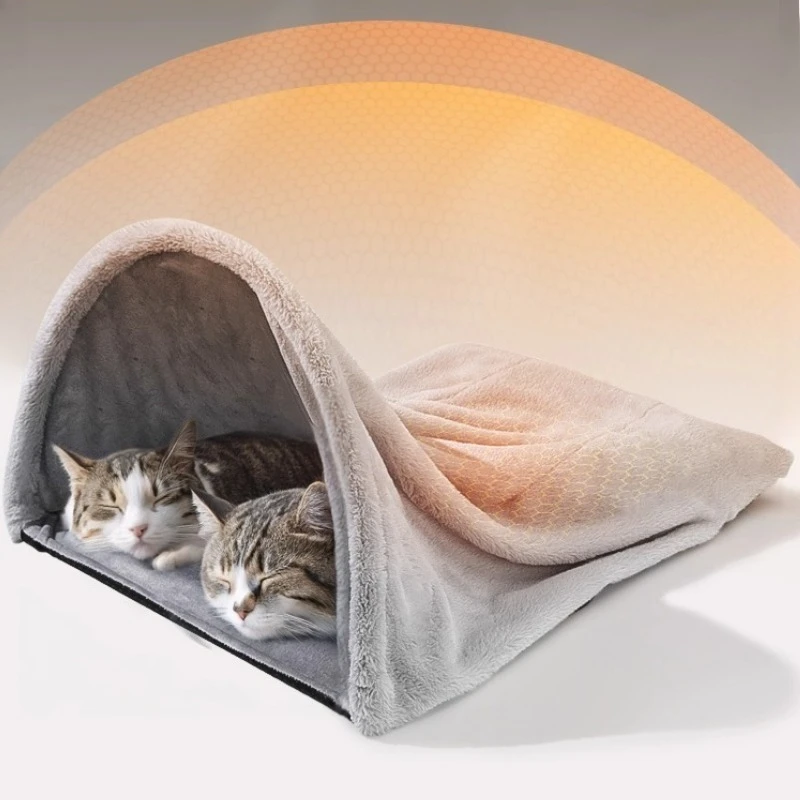 Cama calefactora para gatos, cama cálida de invierno para gatos, camas ajustables de temperatura constante de felpa para gatos, casa suave extraíble semicerrada para mascotas - imagen 4