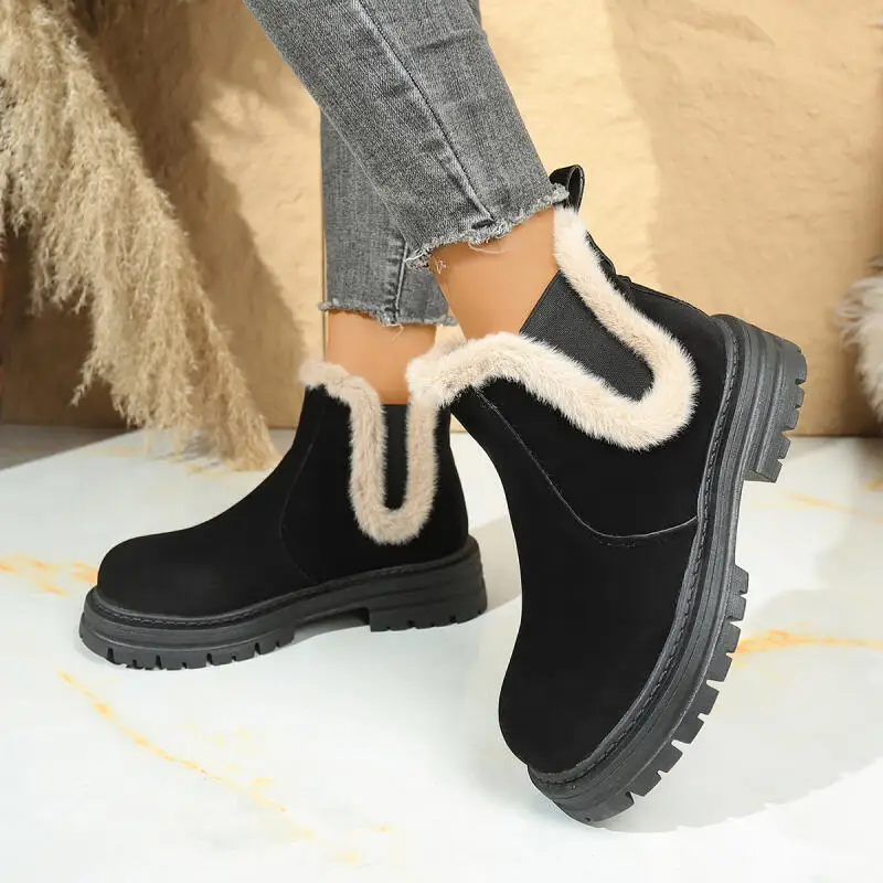 Botas de nieve de gamuza con parte inferior gruesa de piel esponjosa de lujo para mujer, botines cálidos de felpa para invierno, botines cortos Chelsea de talla grande para mujer