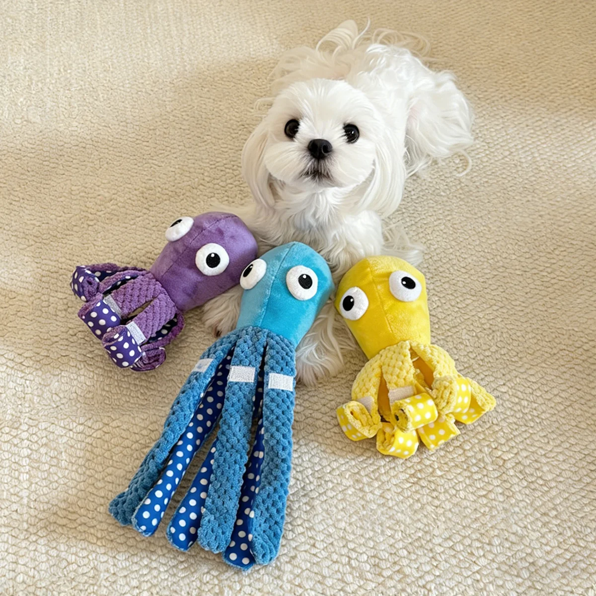 Juguete suave para mascotas con forma de pulpo para gatos pequeños y medianos, compañero de liberación de energía morado/azul/amarillo - imagen 3