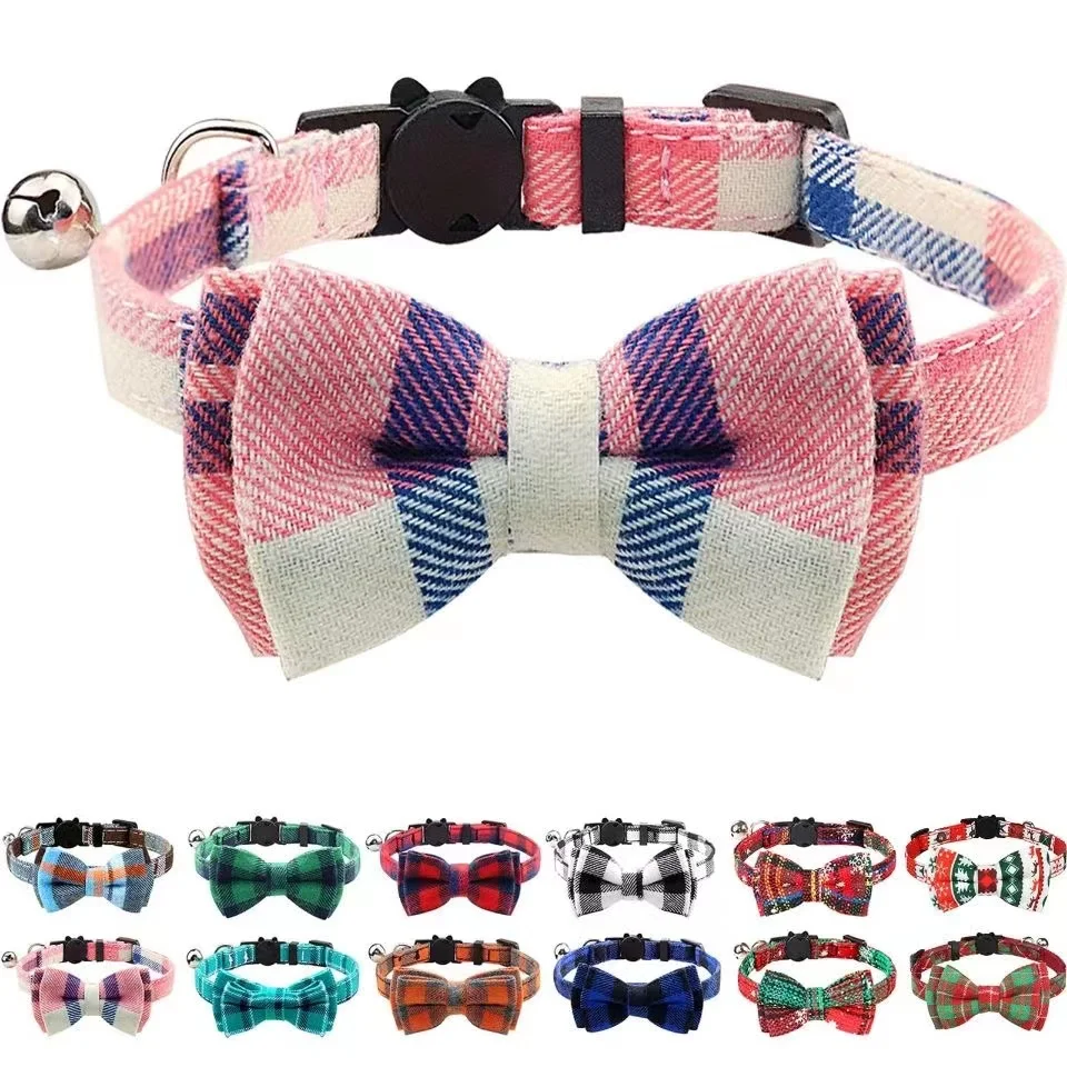 Lindo collar a cuadros con pajarita para mascotas, collar ajustable para cachorros, rojo navideño, elástico, separable, collar para gatos - imagen 5