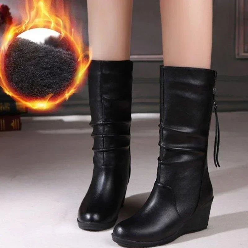 Botas de cuero con cuña y punta redonda Para mujer, zapatos de media caña con cremallera lateral, suela gruesa antideslizante, tacones altos - imagen 2