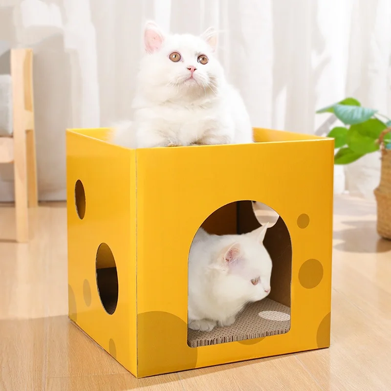 Casa para gatos de cartón plegable de 2 capas, diseño divertido de queso, transpirable, resistente, rascador, camas para gatos para dormir y jugar
