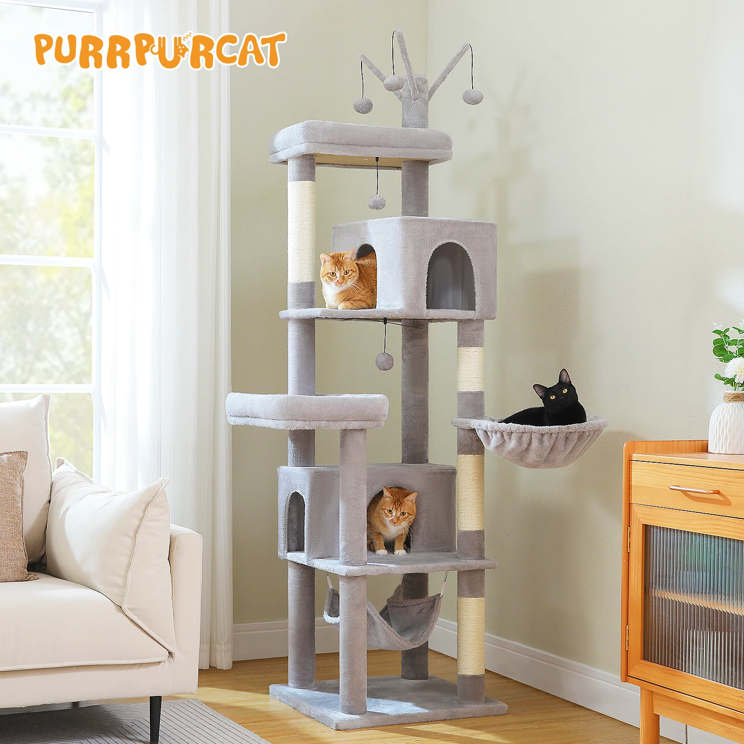 Árbol para gatos grande de 190cm, torre para gatos de 6 niveles con 2 perchas grandes, hamacas acogedoras, cuerda de sisal Natural, 2 conos de gatos, pompones para gatos de interior - imagen 5