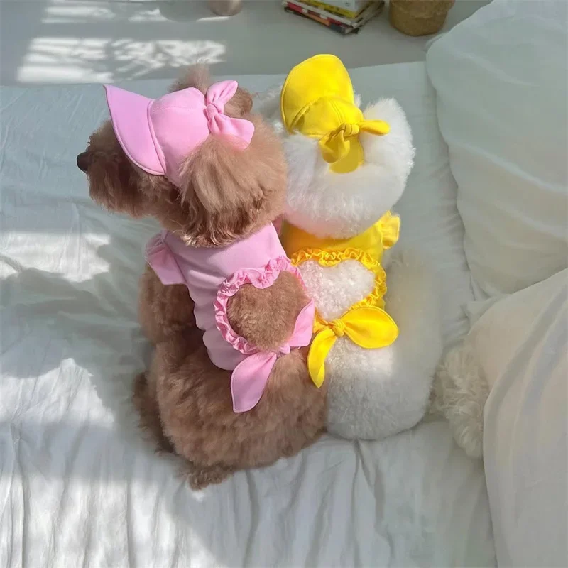 Moda para mascotas, camiseta sin mangas hueca de amor de verano, sombrero parasol, conjunto de ropa para gatos/perros de tamaño pequeño y mediano, camiseta sin mangas, sombrero, ropa para cachorros