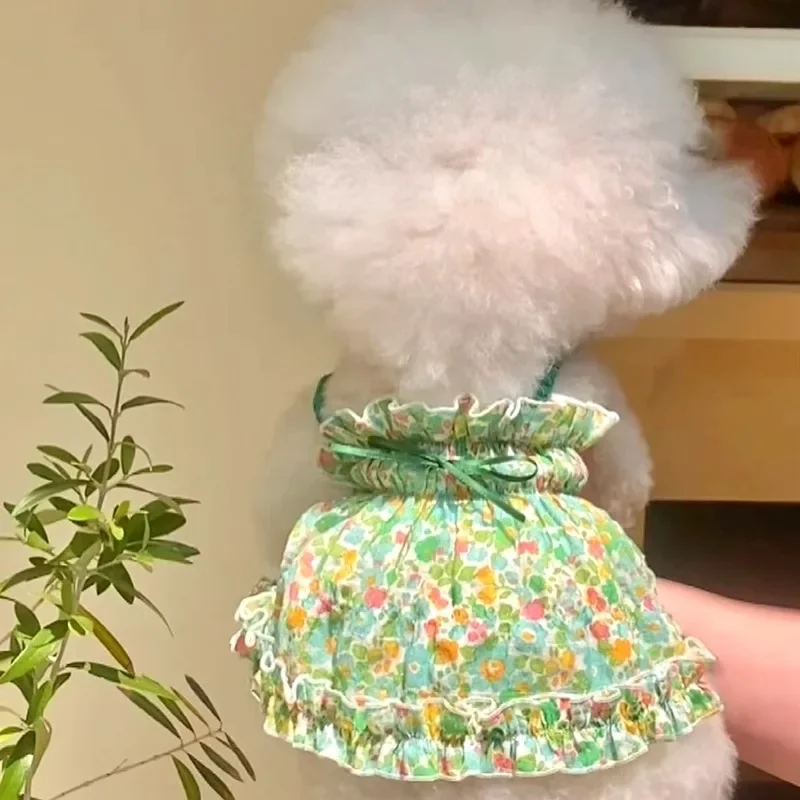 Ropa Floral verde para mascotas, ropa bonita con tirantes florales para campo de peluche, falda de verano, chaleco para cachorros Bichon Frise, ropa para perros y mujeres