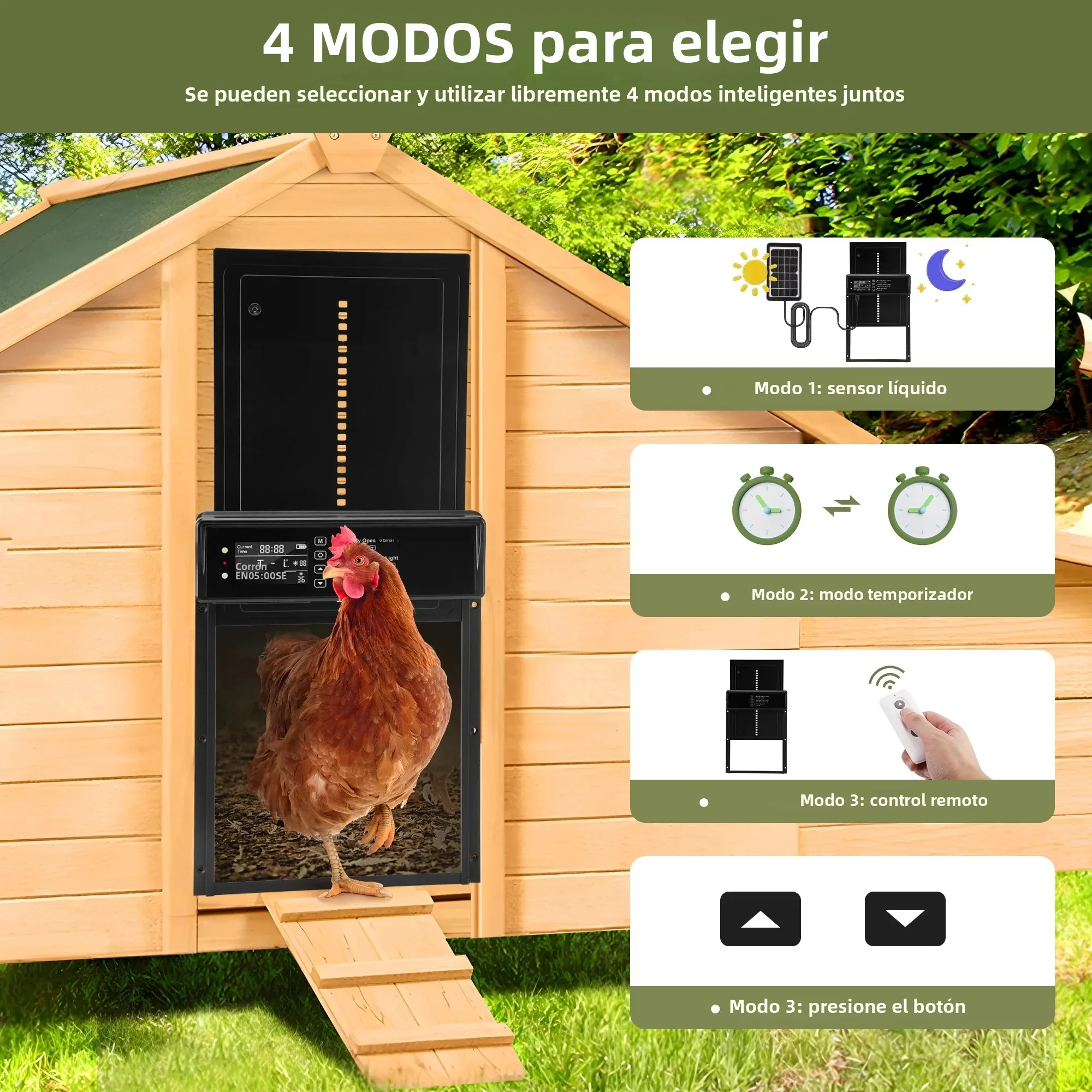 Puerta automática Solar para gallinero con pantalla LCD, Sensor de luz/temporizador/Control remoto puertas automáticas para pollos antipellizco a prueba de agua - imagen 3
