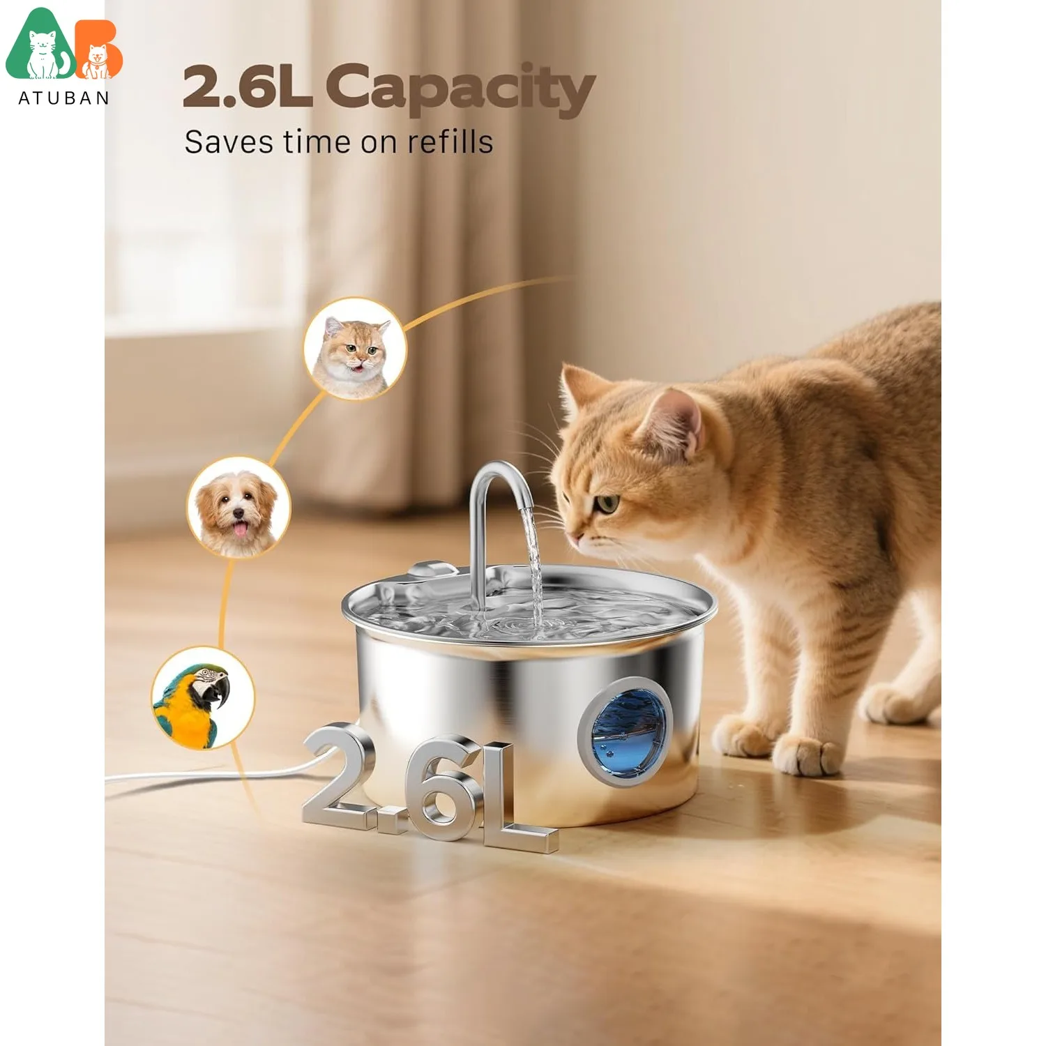 Fuente de agua inoxidable silenciosa para gatos y perros – Bebedero - imagen 2