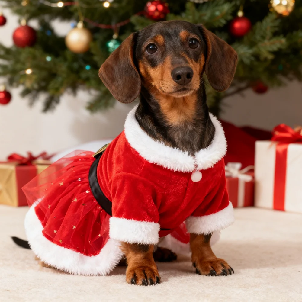 Vestido de Navidad con cinturón de Papá Noel, falda de Papá Noel, vestido para perros femeninos, traje de Navidad de terciopelo rojo para mascotas para perros pequeños y niñas - imagen 3