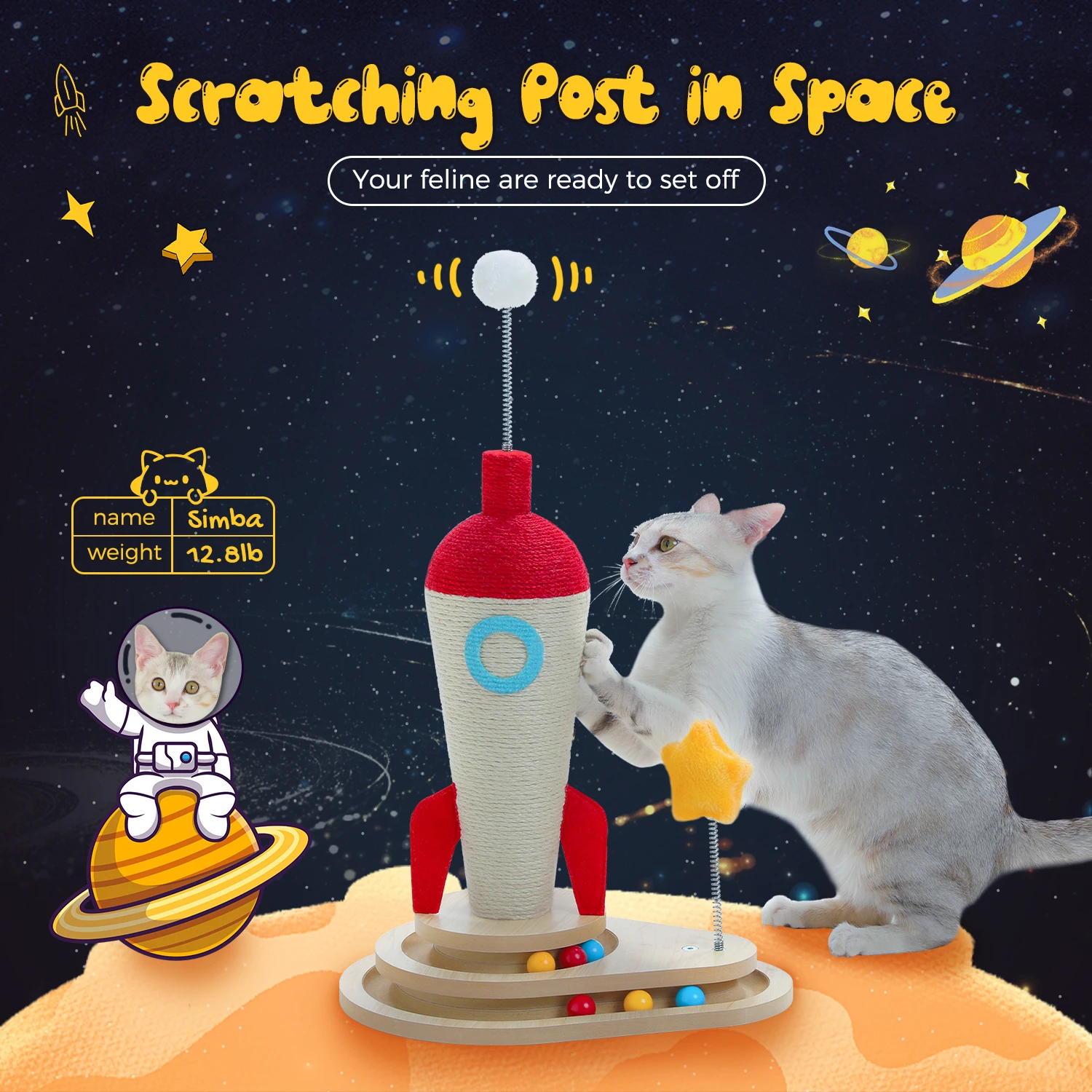 Poste rascador para gatos con pista, juguete de pelota, cohete, rascador para gatos, pequeña torre de árbol para gatos con postes rascadores de Sisal, juguetes interactivos para gatos - imagen 2