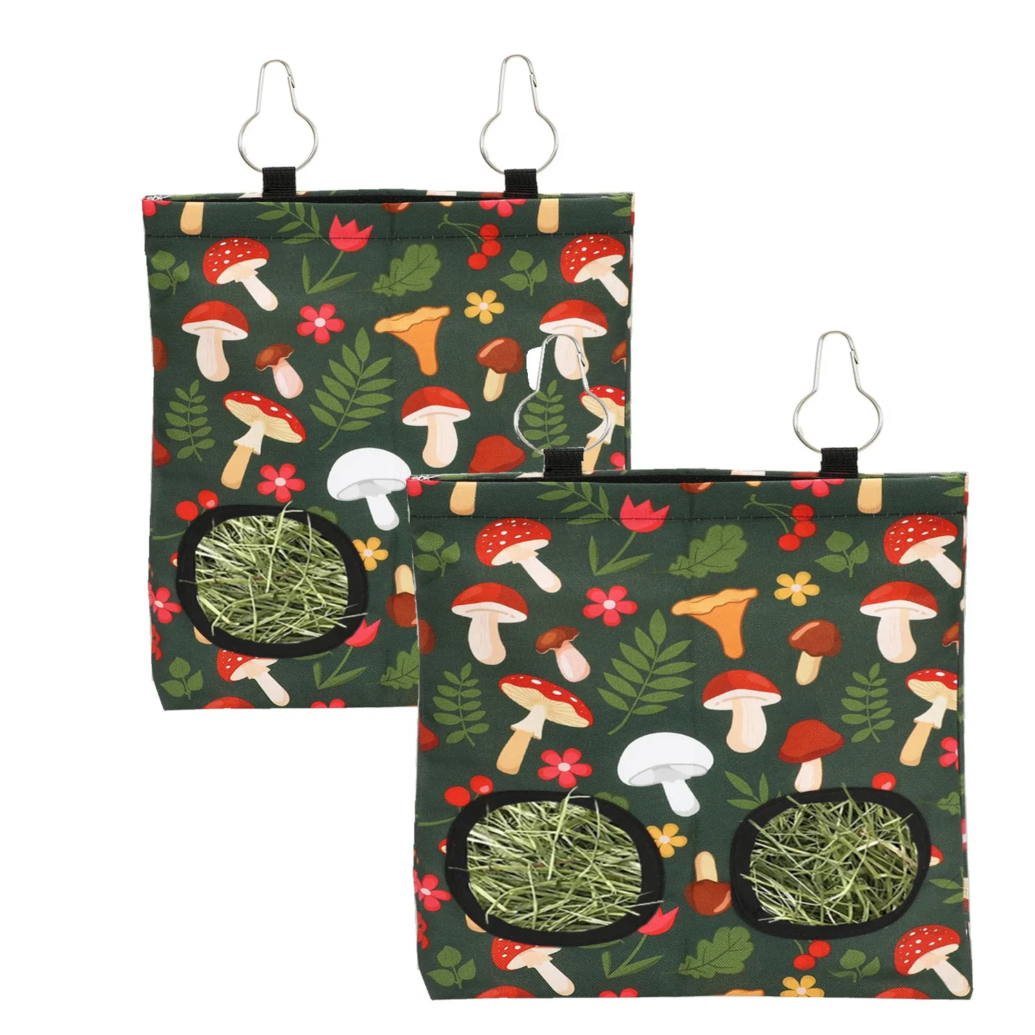 Bolsa de heno para conejos, alimentador de hierba seca colgante con 2 agujeros para conejillo de indias, Chinchillas, ratas, bolsa de almacenamiento de alimentos para animales pequeños