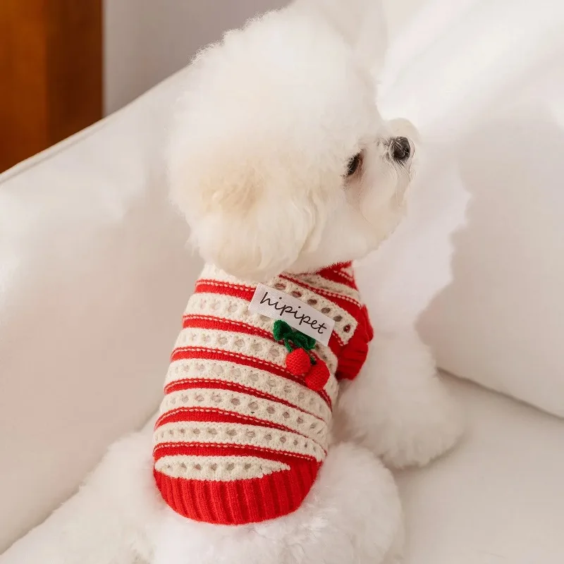 Ropa bonita de cereza para perros, suéter de Navidad para cachorros, ropa para perros, Sudadera con capucha de peluche cálida, suéter de punto para invierno, rayas clásicas - imagen 4