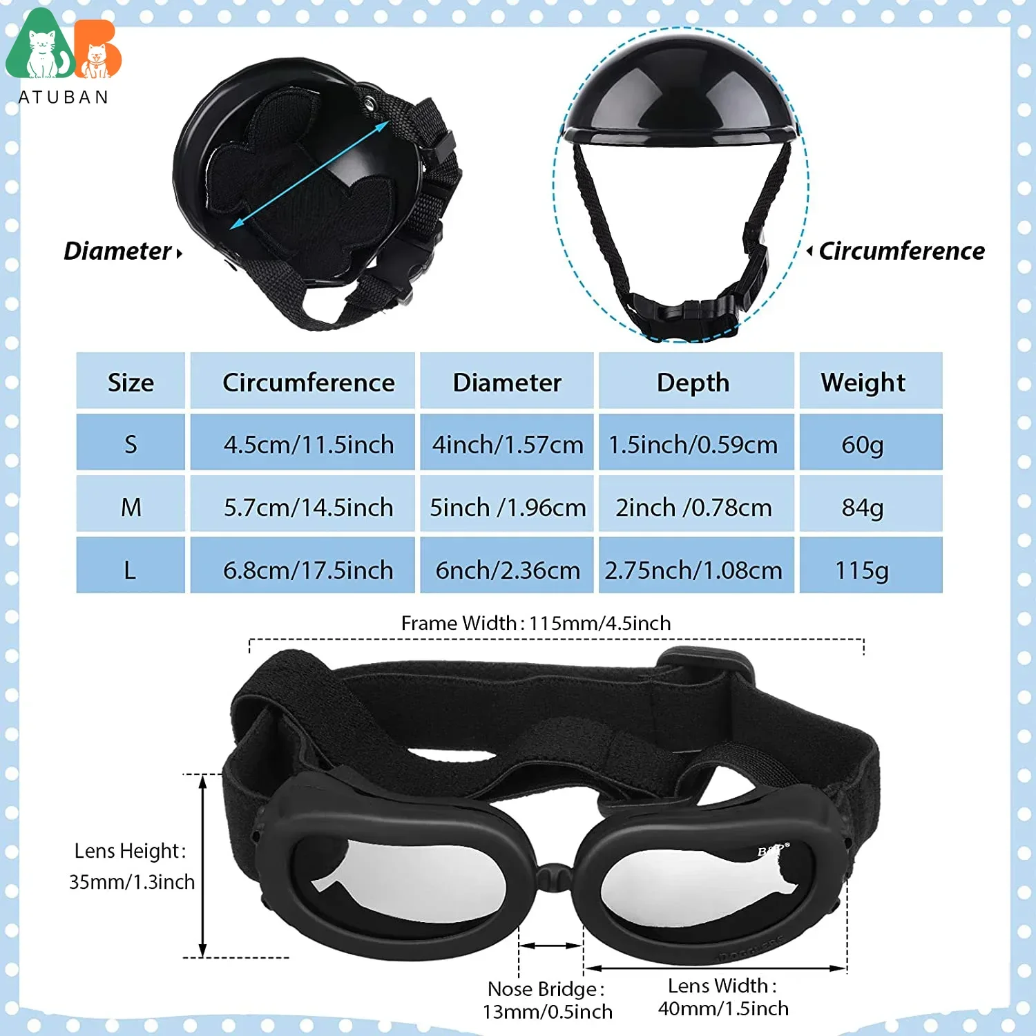 ATUBAN-Gafas de casco para perros pequeñas, protección UV, gafas de sol para perros y mascotas, sombrero de seguridad duro para motocicleta con ajustable