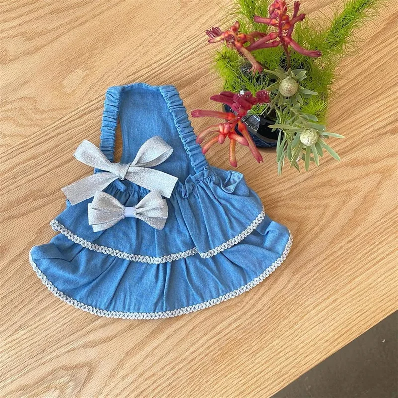 Falda vaquera para mascotas de primavera, camisola para gatos, chaleco, vestido vaquero con lazo, ropa para perros pequeños y medianos, ropa para cachorros - imagen 5