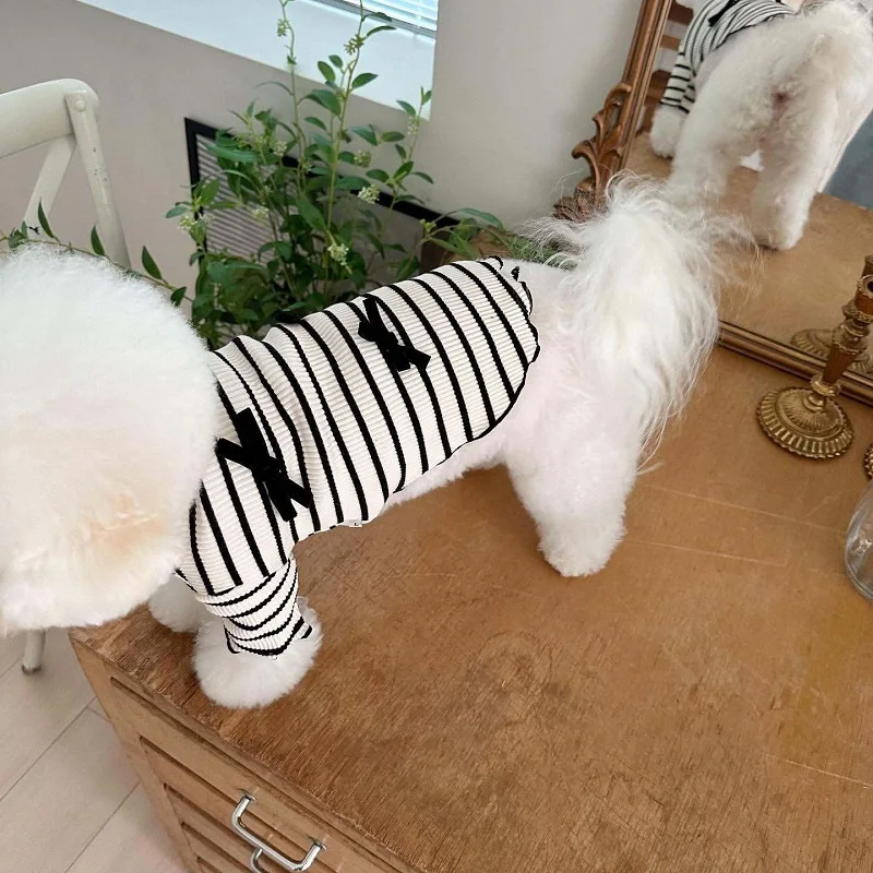Vestido de princesa para perro, ropa a rayas con lazo de verano en blanco y negro para perros pequeños, Chihuahua, perro salchicha, Bichon, falda de encaje para perro, chaleco para gato - imagen 3