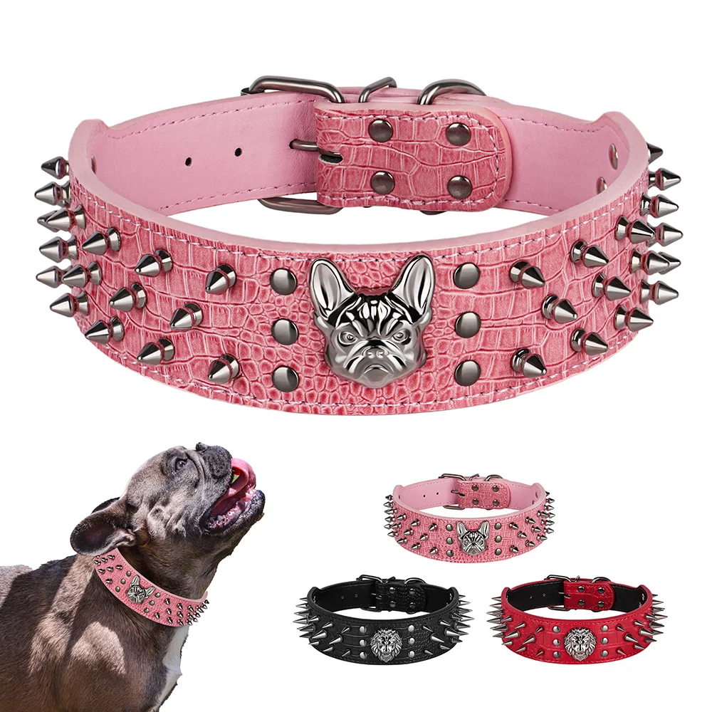Collares de cuero con tachuelas y pinchos afilados de 2 pulgadas de ancho para perro Pitbull, Bulldog, collares grandes ajustables para perros medianos y grandes, Boxer Pitbull