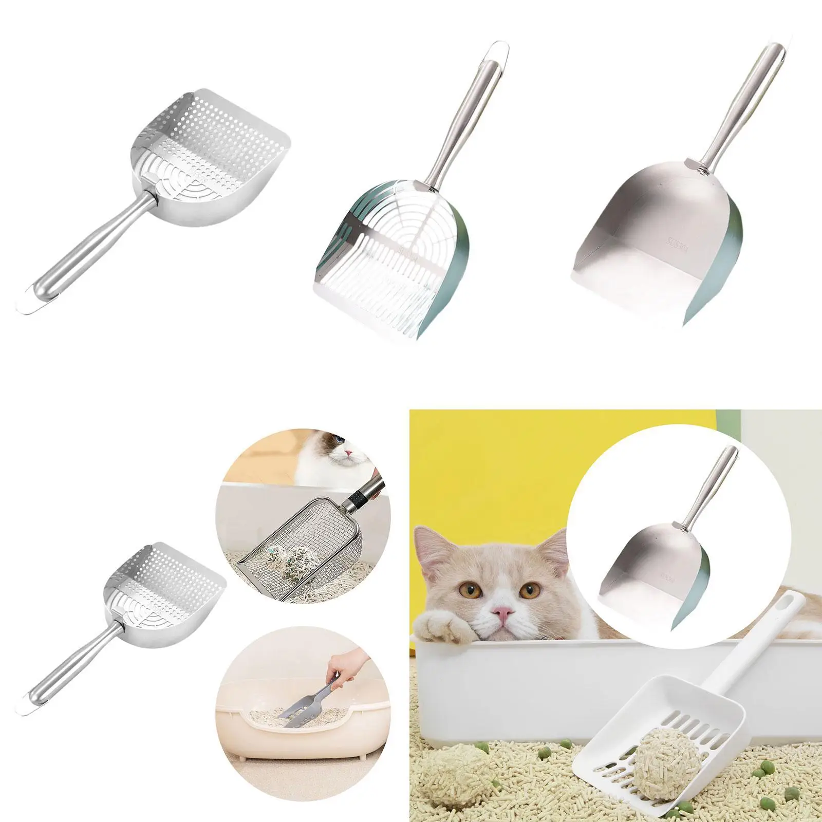Pet Cats Litter Scoop Deep Sifting Stainless Steel Ergonomic Grip Sifting Scoop Kitten Waste Scooper for Cat Litter Tray Kitty