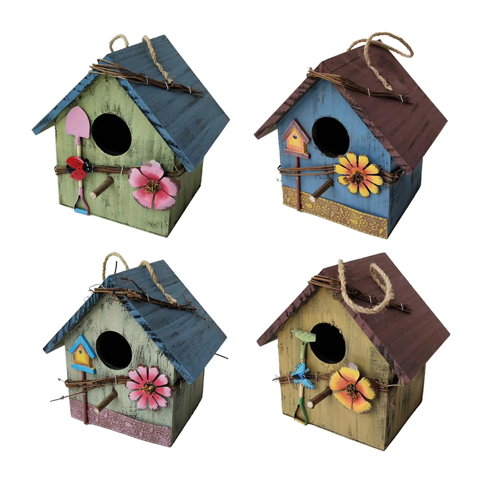 Hand-painted Bird House w/Flowers Outdoor Porch Rustic Decorative Birdhouses