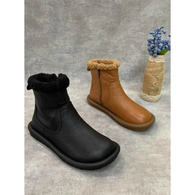 Botas de nieve Retro con cremallera y forro de Fce para mujer, botas intermedias de cuero y piel para otoño e invierno - imagen 5