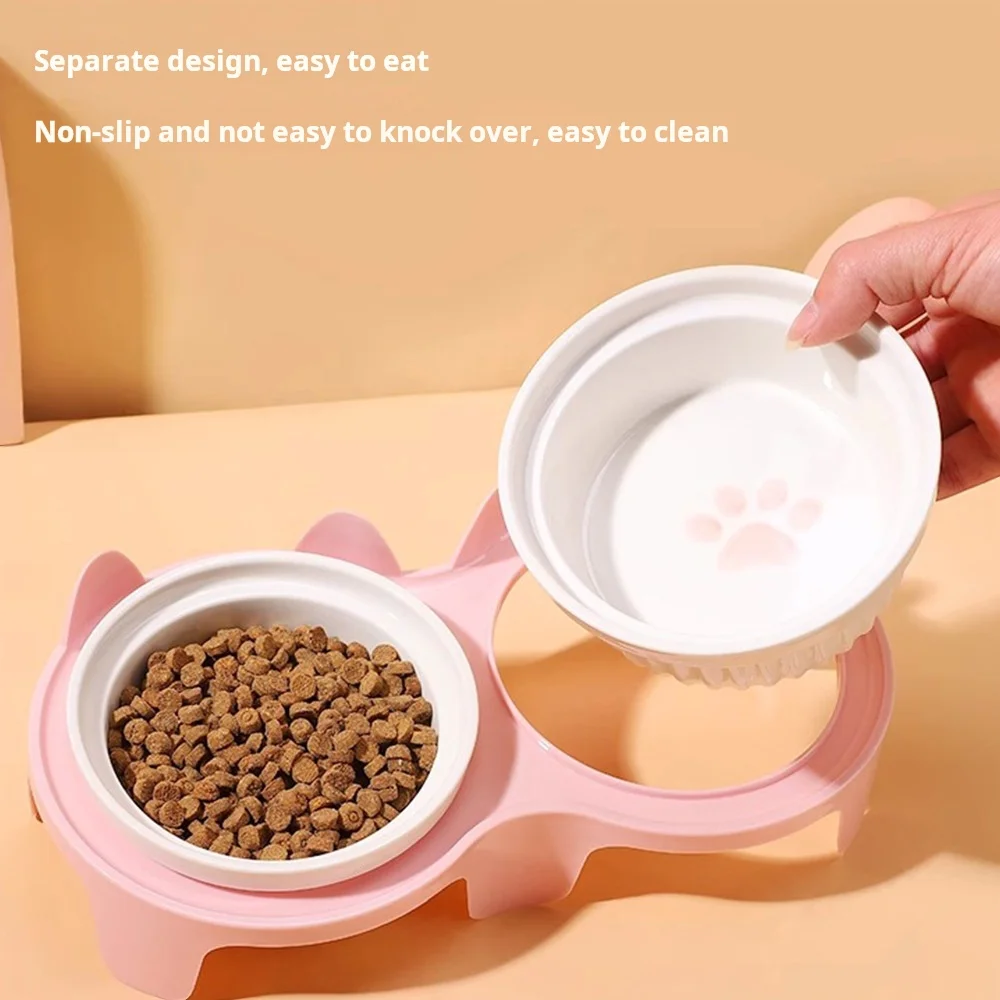 Cuenco de cerámica para gatos, cuenco de comida para gatos, cuenco doble para agua potable, cuenco para perros, boca oblicua para mascotas para proteger las vértebras cervicales - imagen 4