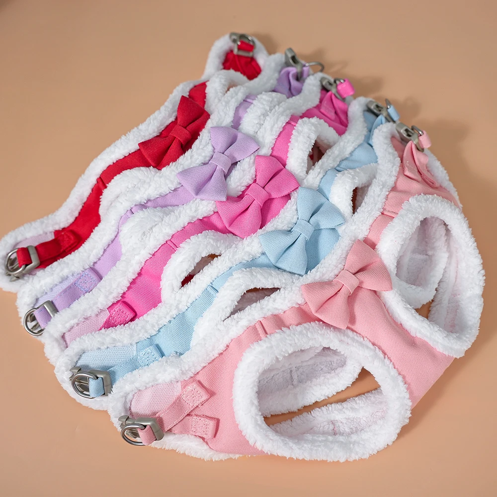 Arnés de perro suave, conjunto de correas, arneses ajustables para perros con bonitos accesorios de pajarita, chaleco cálido de invierno para mascotas, plomo para perros pequeños y medianos - imagen 3