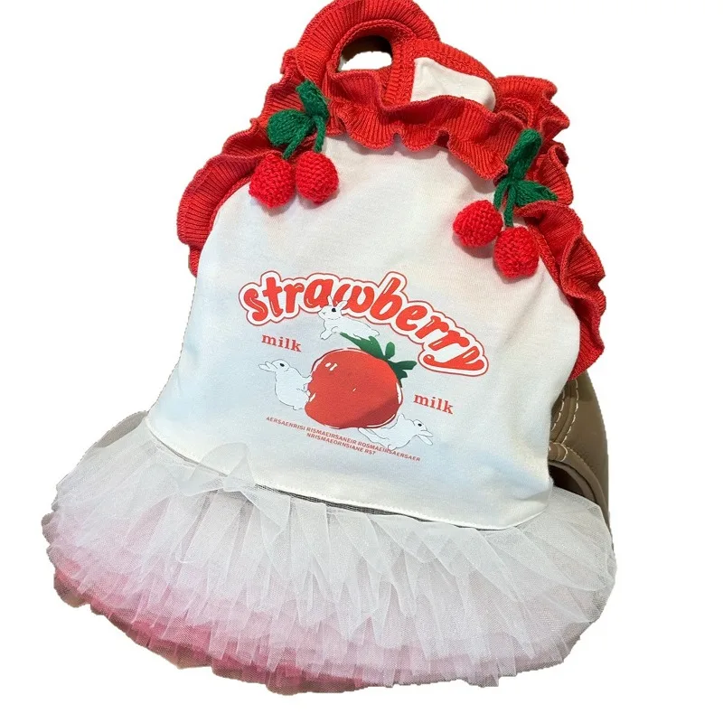 Vestido de princesa de malla de fresa para mascotas, chaleco de cereza de verano, ropa para gatos, falda con tirantes, falda abombada para perros pequeños, vestidos para perros pequeños - imagen 5