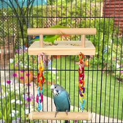 Plataforma de madera con columpio y puente para jaula de pájaros