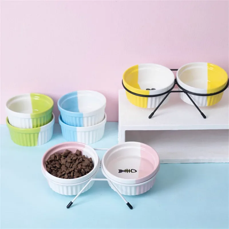 Gran oferta, cuenco de cerámica para perro con boca oblicua de pie alto, diseño de dibujos animados a la moda, alimentador para mascotas, cuenco para gato de dos tonos de Color, suministros para mascotas - imagen 2