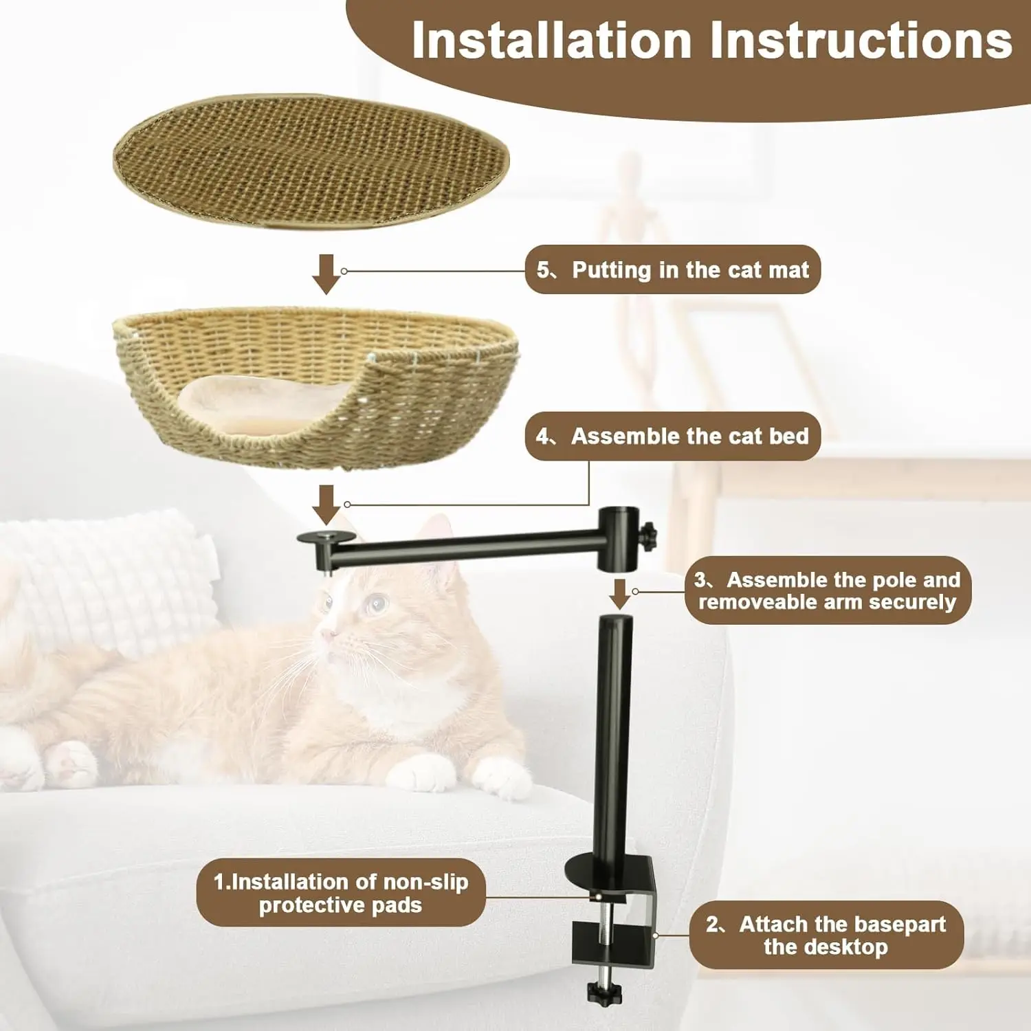 Cama de escritorio ratán para gatos con altura ajustable y giro 360 - imagen 3