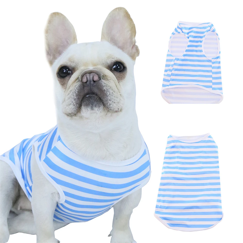 Ropa de verano para perros, chaleco informal para mascotas, de cuello redondo Camiseta a rayas, chalecos de protección solar para perros pequeños, disfraz cómodo de gato y cachorro - imagen 3