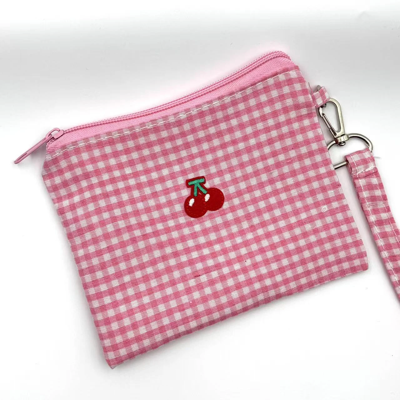 Bolsa de maquillaje de lona con estampado de cereza, bonito organizador de lápiz labial con cierre de cremallera, bolsa cosmética portátil ligera para mujeres y niñas