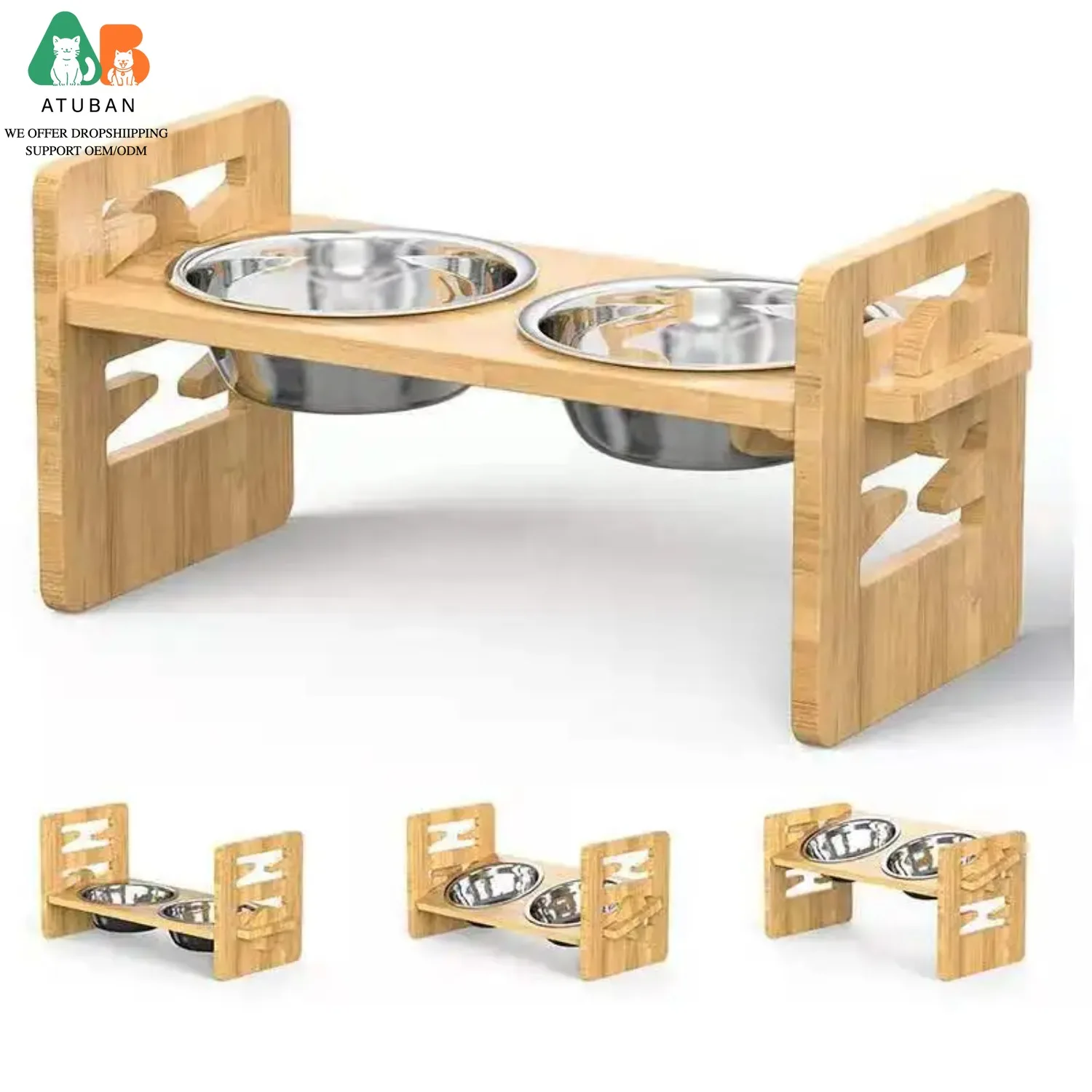 Comedero elevable de bambu para perros y gatos - antideslizante