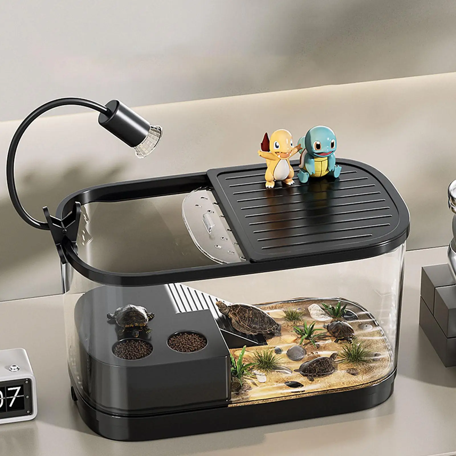 Tanque de peces de plástico para el hogar, tanque de tortugas con plataforma, hábitat de reptiles para cangrejos, peces, anfibios y reptiles