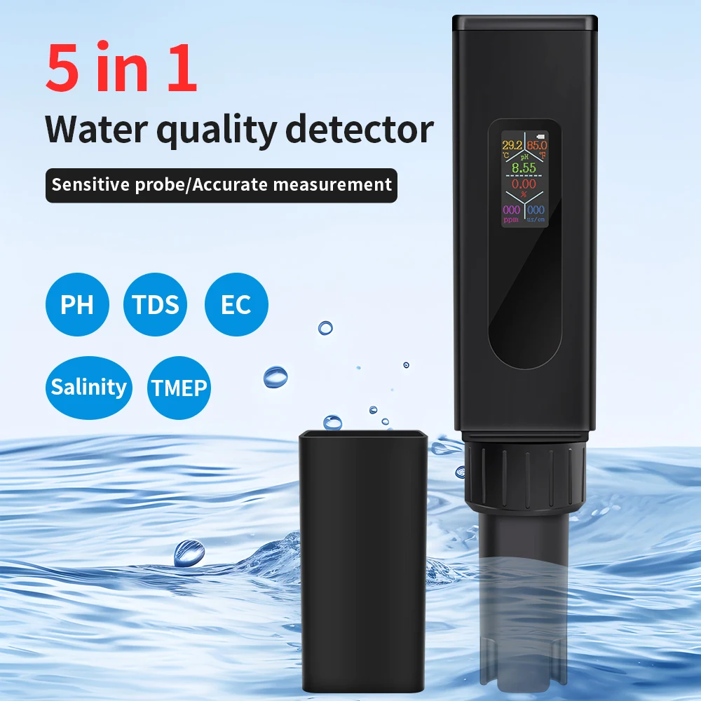 Probador de calidad del agua 5 en 1, medidor Digital de temperatura de salinidad, PH, EC, TDS, Detector recargable tipo C para agua potable, piscina de acuario