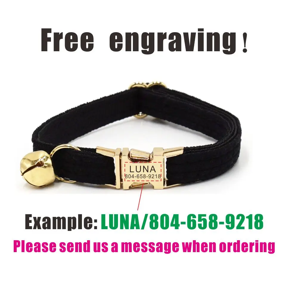 Collar de gato personalizado, placa de identificación, hebilla de Metal, ajustable, terciopelo negro, con campana - imagen 4