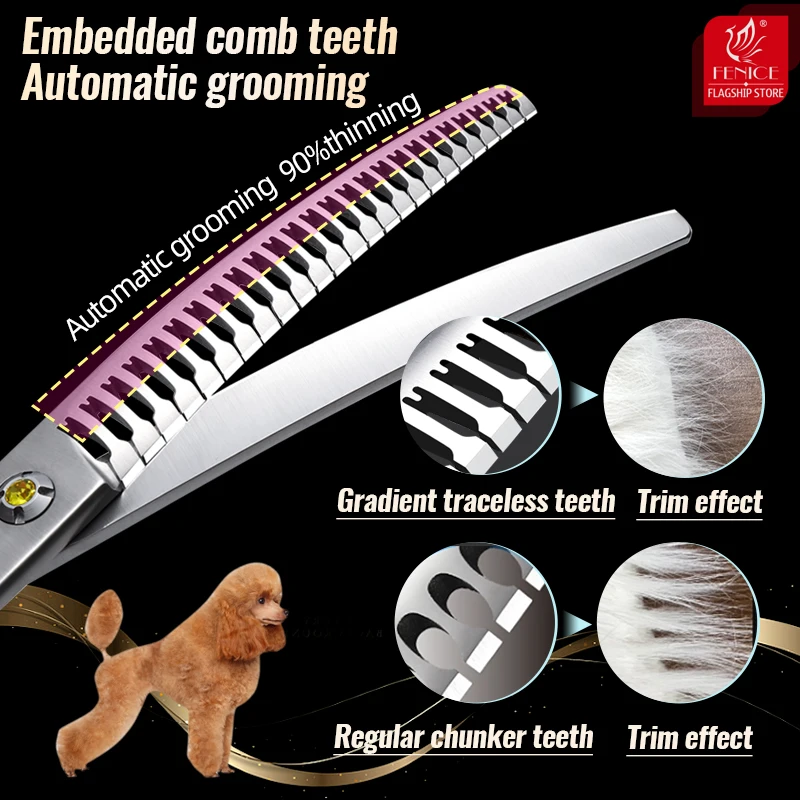Fenice-Tijeras profesionales VG10 para mascotas, 7 pulgadas, curvadas/Rectas, más delgadas, naturales, tijeras de aseo para perros, peine incorporado, tasa de adelgazamiento 90% - imagen 3