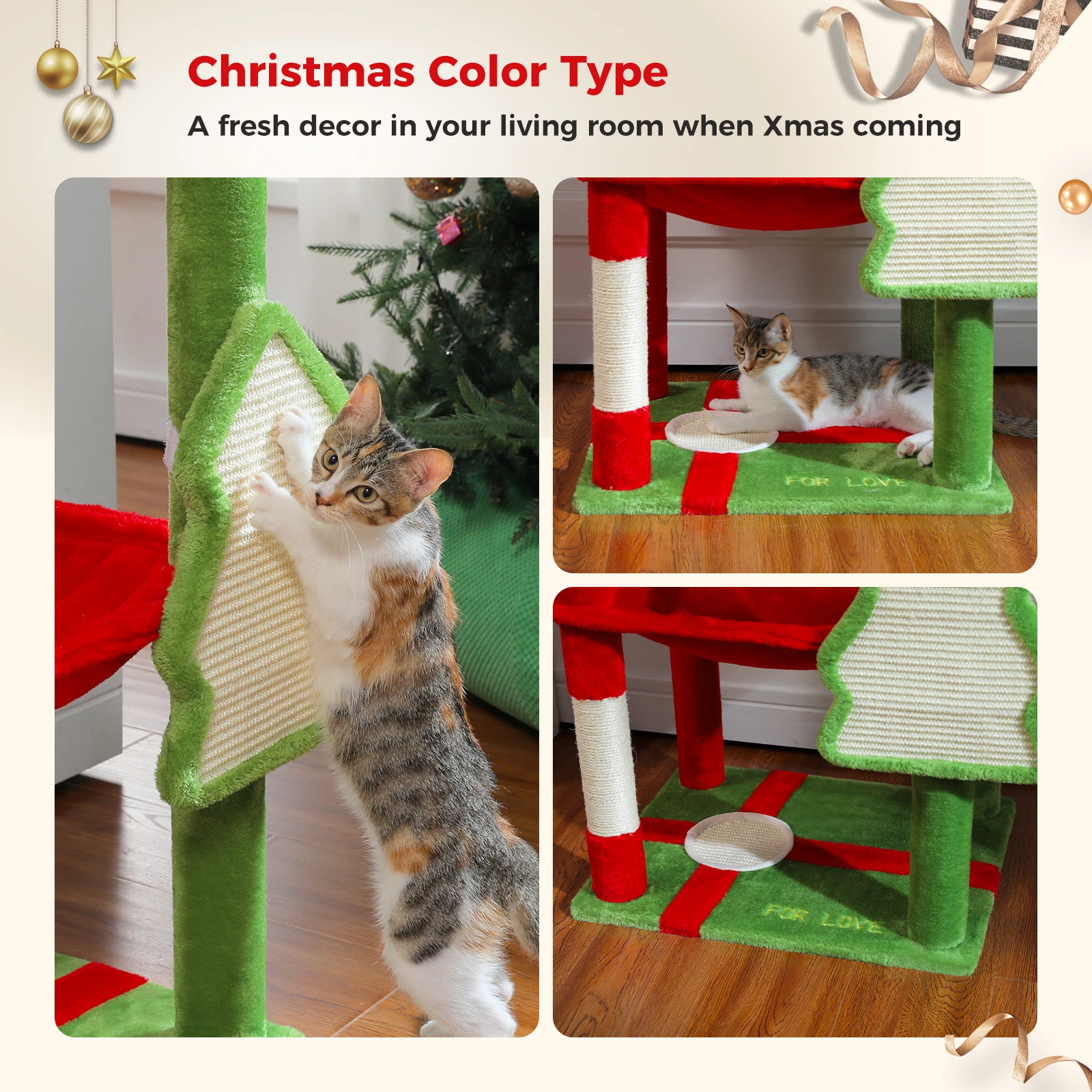 Torre de árbol para gatos navideña con decoración festiva, torre para gatos roja con hamaca espaciosa, 3 postes para rascar y 3 bolas de juguete navideños - imagen 3