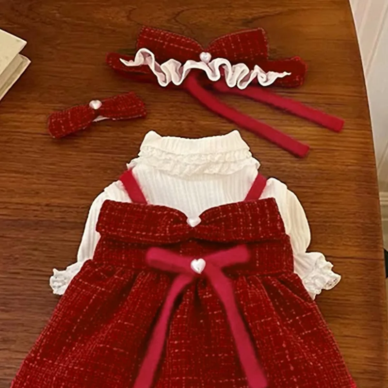 Vestido rojo con lazo para Navidad, Año Nuevo, Otoño/Invierno, abrigo grueso y cálido para gatos, ropa para perros pequeños, ropa para cachorros, regalo - imagen 2