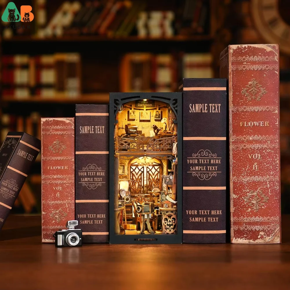ATUBAN Kit de rincón de libros, estantería de casa de muñecas DIY, sujetalibros de rompecabezas de madera 3D para decoración de libros/habitación, casa modelo en miniatura - imagen 5