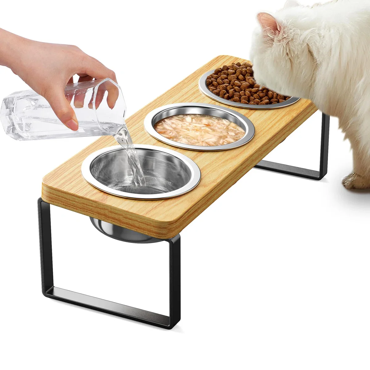 15 °   Juego de cuencos para gatos elevados inclinados: estación de alimentación anti-vomito de acero inoxidable de 3 piezas con soporte de bambú para gatos