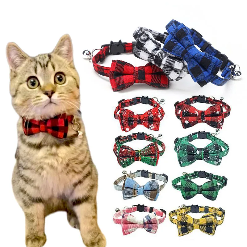 Lindo collar a cuadros con pajarita para mascotas, collar ajustable para cachorros, rojo navideño, elástico, separable, collar para gatos - imagen 2