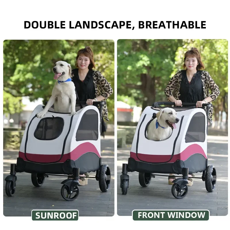 Cochecito grande para mascotas, transportador de perros de 4 ruedas con frenos, cochecitos de viaje portátiles para cachorros con ventanas transpirables ajustables para gatos - imagen 4