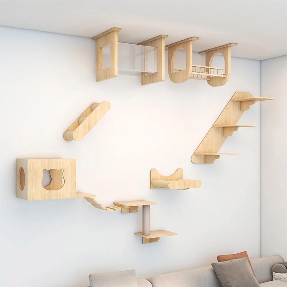 Árbol para gatos montado en la pared, poste para rascar con plataforma de Salto Grande, muebles de madera para mascotas, varios tipos de juego, 1 pieza - imagen 3