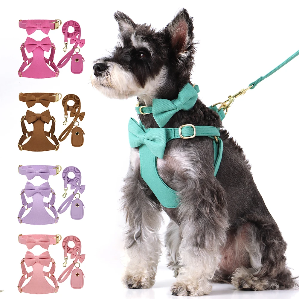 Collar de nailon para perro, conjunto de correa con bonito pajarita, Collar para perro, bolsa para caca de cachorro, chaleco con arnés suave para perros pequeños y medianos, 5 colores