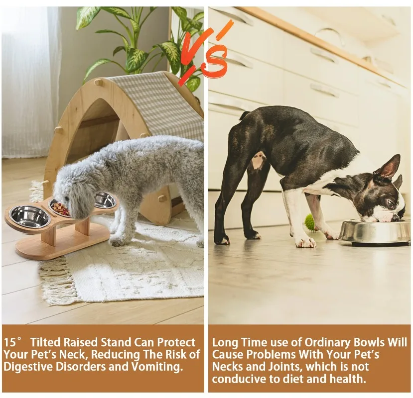 Cuenco de cerámica elevado para comida de mascotas, cuenco de agua con soporte de madera maciza, limpio, microondas disponible - imagen 4